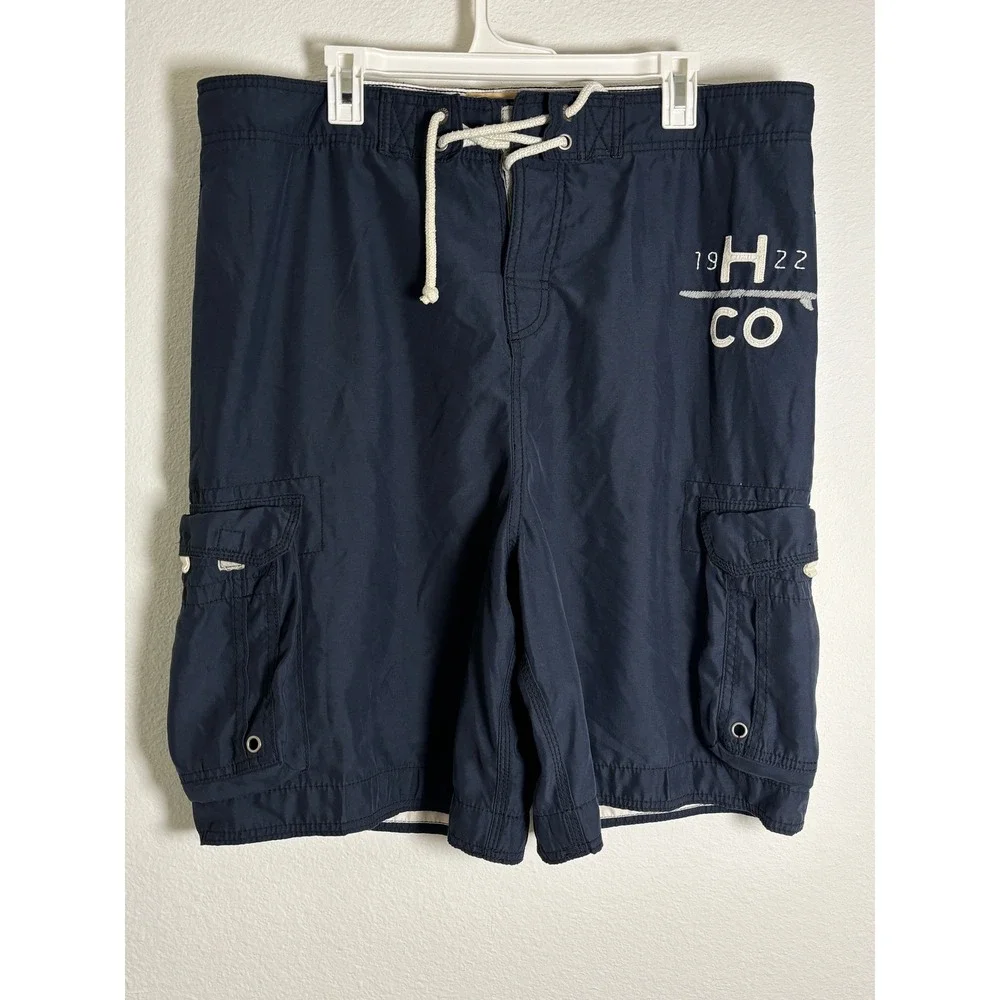 Hollister Mens Cargo Board Shorts Navy Blue Mesh Lined Swim Trunks Size L 1922‎